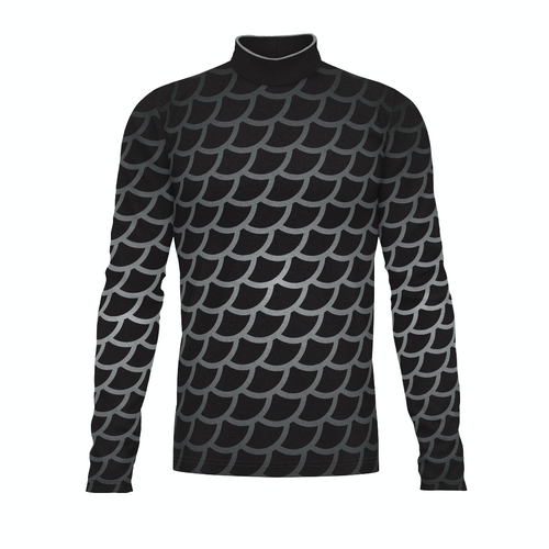 Flow Flex Top FG021 long sleeve performance uniform top with black and grey scale pattern, high collar design, front view
