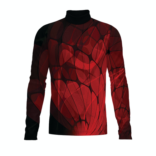 Flow Flex Top FG022 performance uniform top with red abstract pattern, long sleeves, and mock neck design for marching band and athletic wear