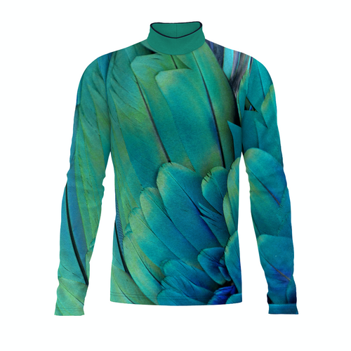 Flow Flex Top FG023 long sleeve performance top with teal and blue feather-inspired abstract print