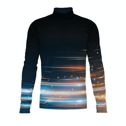 Flow Flex Top FG025 long sleeve performance top with black base and glowing blue and amber horizontal light streak design