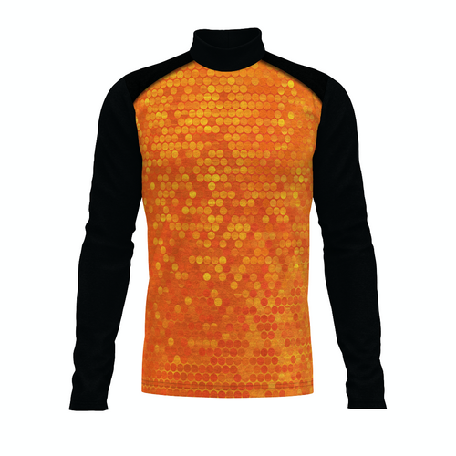 Flow Flex Top FG026 long sleeve performance top with orange honeycomb dot pattern body and black sleeves