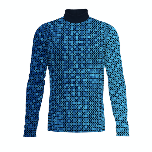 Flow Flex Top FG029 long sleeve performance top with blue circular dot pattern and high collar design