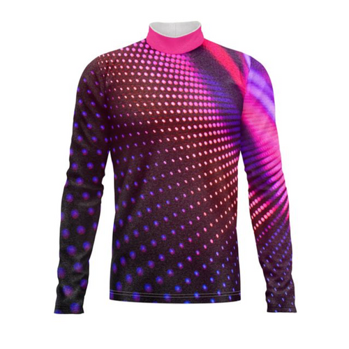 Marching Band Flow Flex Performance Top G001 featuring a vibrant pink and purple gradient dot pattern, designed for high-performance marching band uniforms.