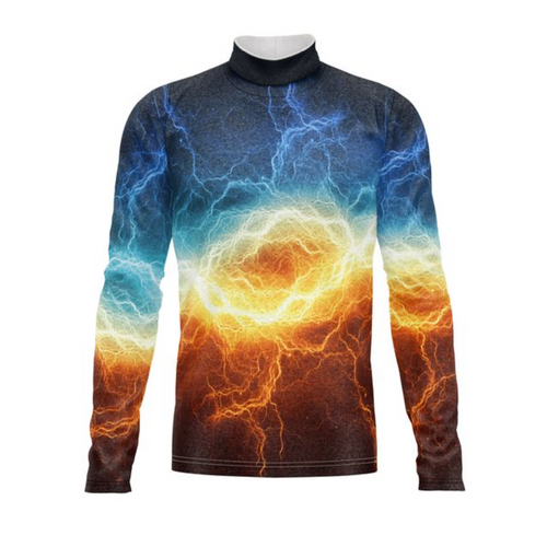 Marching Band Flow Flex Performance Top G002 featuring a high-neck, long-sleeve design with a dynamic lightning-inspired graphic in blue, yellow, and orange, engineered for flexibility, comfort, and high-energy marching band performances.