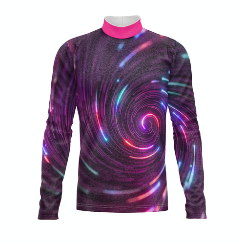 Marching Band Flow Flex Performance Top G004 featuring a vibrant purple and pink spiral graphic design with long sleeves and high-performance stretch fabric.