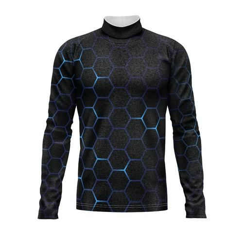 Marching Band Flow Flex Performance Top G005 featuring a black long-sleeve design with blue hexagonal pattern, performance stretch fabric, and modern athletic fit.