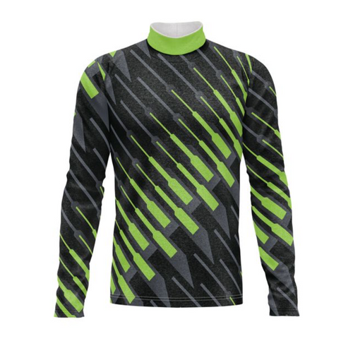 Marching Band Flow Flex Performance Top G006 featuring a black and charcoal base with dynamic lime green diagonal graphic accents, mock neck design, and lightweight stretch fabric for flexibility, breathability, and high-performance marching band wear.