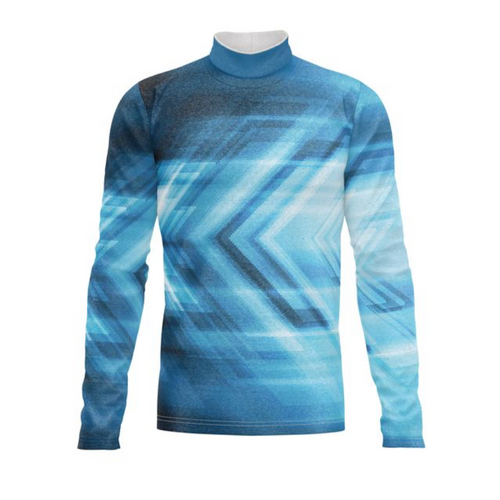 Marching Band Flow Flex Performance Top G008 featuring a blue geometric gradient design, long sleeves, and a high mock neck, engineered for flexibility, breathability, and comfort during marching band performances.