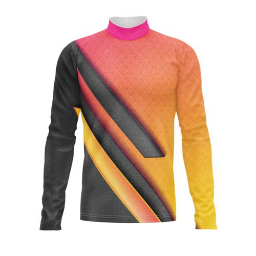Marching Band Flow Flex Performance Top G010 with long sleeves, featuring a bold diagonal geometric design in pink, orange, yellow, and charcoal tones, mock neck collar, and stretch performance fabric designed for marching band uniforms and color guard performances.