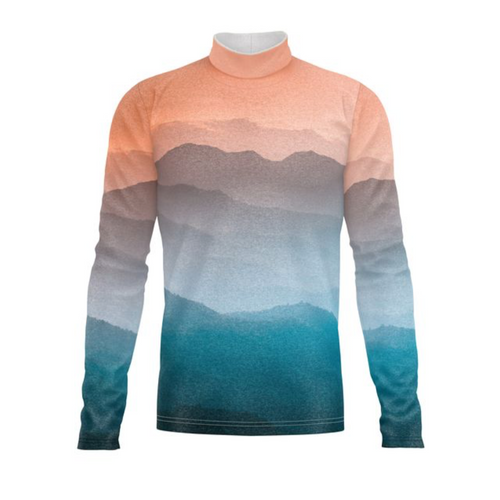 Marching Band Flow Flex Performance Top G012 featuring a long-sleeve, high-neck design with a layered mountain-inspired gradient in peach, grey, and teal tones, engineered for flexibility, comfort, and visual impact in marching band performances.