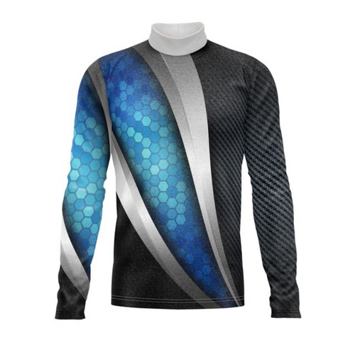 Marching Band Flow Flex Performance Top G014 with modern blue hexagon pattern, black and silver diagonal accents, and long-sleeve stretch fabric designed for flexible, high-performance marching band uniforms.