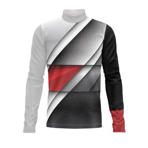 Marching Band Flow Flex Performance Top G015 featuring a modern diagonal panel design in grey, black, and red with a high-performance mock neck for marching band uniforms.
