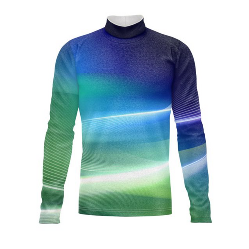 Marching Band Flow Flex Performance Top G016 with long sleeves and high collar, featuring a blue-to-green gradient design and dynamic light wave graphics for modern marching band uniforms.