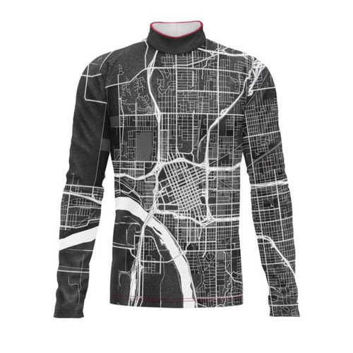 Marching Band Flow Flex Performance Top G017 featuring a black and white abstract map-inspired graphic design with long sleeves and high collar for modern marching band uniforms.
