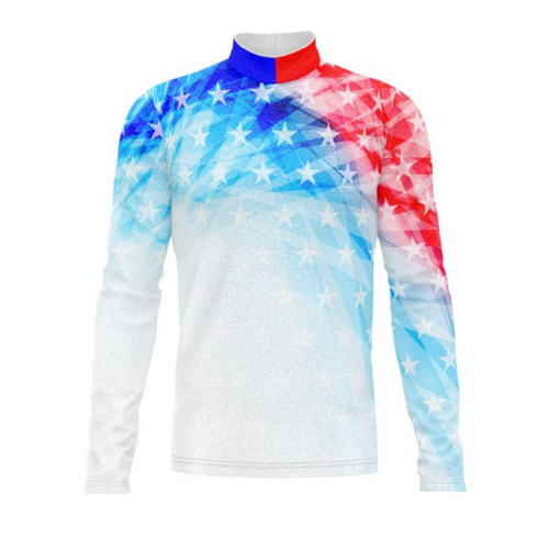 Marching Band Flow Flex Performance Top G018 featuring a patriotic red, white, and blue star pattern with long sleeves and a high-performance mock neck, designed for marching band uniforms and on-field performance.