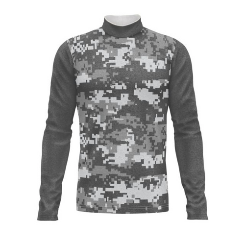 Marching Band Flow Flex Performance Top G019 featuring a gray digital camo design, long sleeves, and a high-performance stretch fit for marching band uniforms.