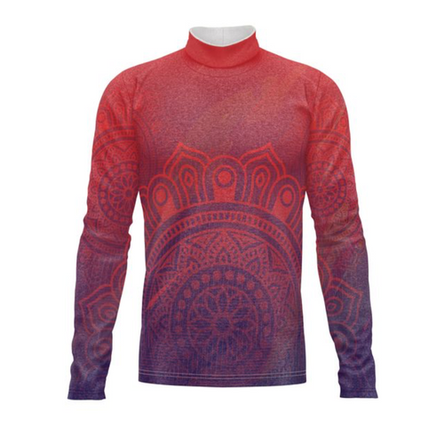 Marching Band Flow Flex Performance Top G020 featuring a red-to-purple gradient design with intricate mandala-inspired patterns, long sleeves, and a mock neck for flexible, high-performance marching band wear.