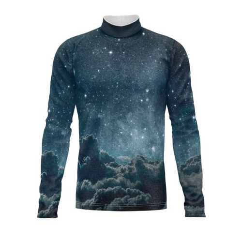 Marching Band Flow Flex Performance Top G021 featuring a long-sleeve mock neck design with a galaxy night-sky and cloud print, engineered for flexible movement, breathability, and high-performance marching band uniforms.