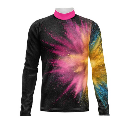 Marching Band Flow Flex Performance Top G022 with vibrant multicolor burst design, long sleeve mock neck uniform top for marching band performance.
