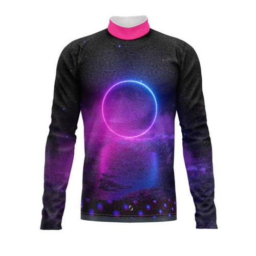 Marching Band Flow Flex Performance Top G023 featuring a long sleeve athletic design with a high mock neck, showcasing a vibrant galaxy-inspired print in purple, blue, and pink tones, designed for marching band performances and high-mobility activities.