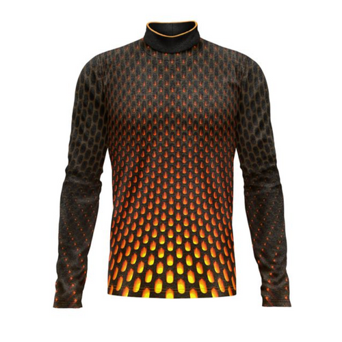 Marching Band Flow Flex Performance Top G024 featuring a long sleeve athletic design with a high mock neck, showcasing a bold flame-inspired sublimation pattern in black, orange, and yellow tones, engineered for marching band performances with enhanced flexibility and visual impact.