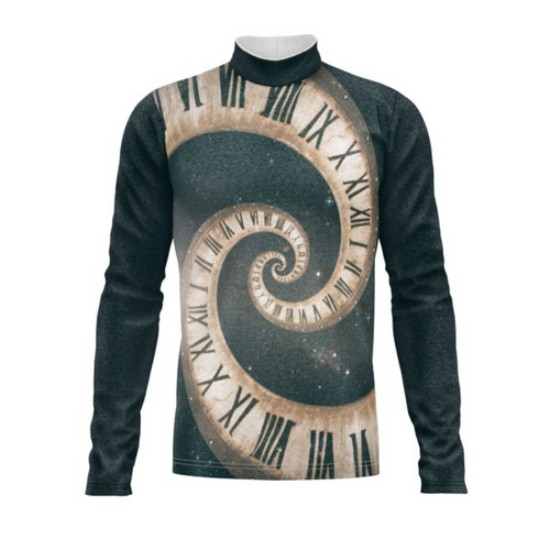 Marching Band Flow Flex Performance Top G025 featuring a long sleeve performance design with a high mock neck, showcasing a spiral clock and Roman numeral graphic in vintage beige and charcoal tones, engineered for marching band uniforms requiring flexibility, comfort, and dramatic visual impact.