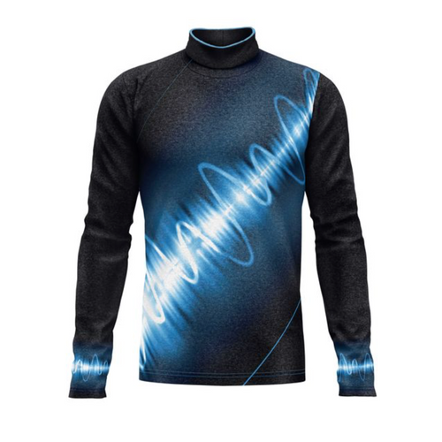 Marching Band Flow Flex Performance Top G026 featuring a long sleeve athletic design with a high mock neck, showcasing a dynamic blue waveform-inspired sublimation graphic on a black base, engineered for marching band performances with flexibility, comfort, and high visual impact.