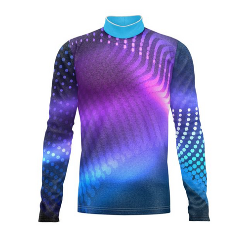 Marching Band Flow Flex Performance Top G027 featuring a long sleeve athletic design with a high mock neck, showcasing a vibrant purple-to-blue gradient with dotted and wave-inspired sublimation patterns, designed for marching band performances with enhanced mobility and visual impact.