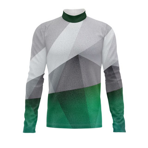 Marching Band Flow Flex Performance Top G028 featuring a long sleeve performance design with a mock neck collar, showcasing a modern geometric pattern in shades of grey and green, engineered for flexibility, comfort, and visual precision in marching band and performance uniforms.