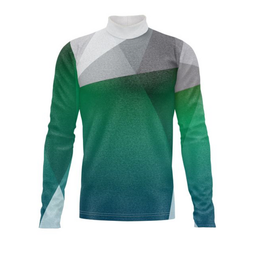Marching Band Flow Flex Performance Top G029 featuring a long sleeve performance uniform with a mock neck collar, showcasing a clean geometric color-block design in green, grey, and white tones, engineered for flexibility, comfort, and a polished visual presentation during marching band performances.