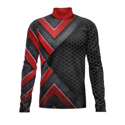 Marching Band Flow Flex Performance Top G030 featuring a high-neck performance design with long sleeves, bold red and black geometric chevron pattern, textured honeycomb fabric detailing, and athletic stretch material engineered for marching band movement and on-field performance.