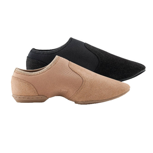 StylePlus S-FIVE slip-on dance shoes shown in beige and black, featuring a suede and stretch-fabric upper with low-profile flexible sole, designed for jazz dance, studio practice, rehearsals, and stage performances.