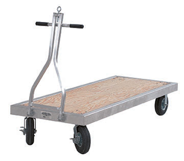 DSI 6-foot equipment cart (28″ x 72″) with heavy-duty aluminum frame, wood deck platform, and large rolling casters, designed for transporting marching band, color guard, and performance equipment.