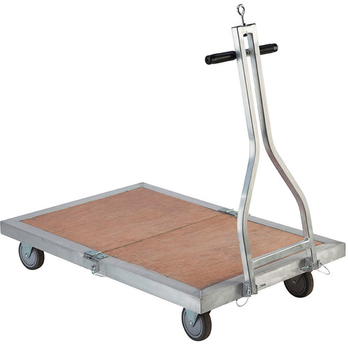 DSI foldable equipment cart with aluminum frame, wooden platform deck, collapsible handle, and swivel casters, designed for easy transport and compact storage of marching band and performance equipment.