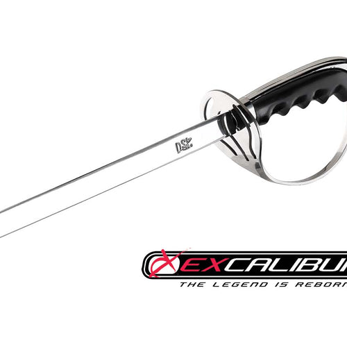 DSI Excalibur sabre featuring a polished steel blade and black ergonomic grip with protective hand guard, designed for color guard and marching band performances, shown with Excalibur branding.