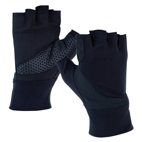 DSI Five6 Seven8 black fingerless performance gloves shown front and back, featuring breathable mesh panels, reinforced grip areas, and ergonomic design for marching band, drumline, color guard, and high-intensity performance use.