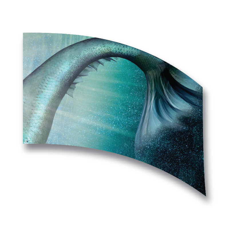 A flag with a print of a whale jumping out of the ocean, predominantly blue with a silk-like texture.