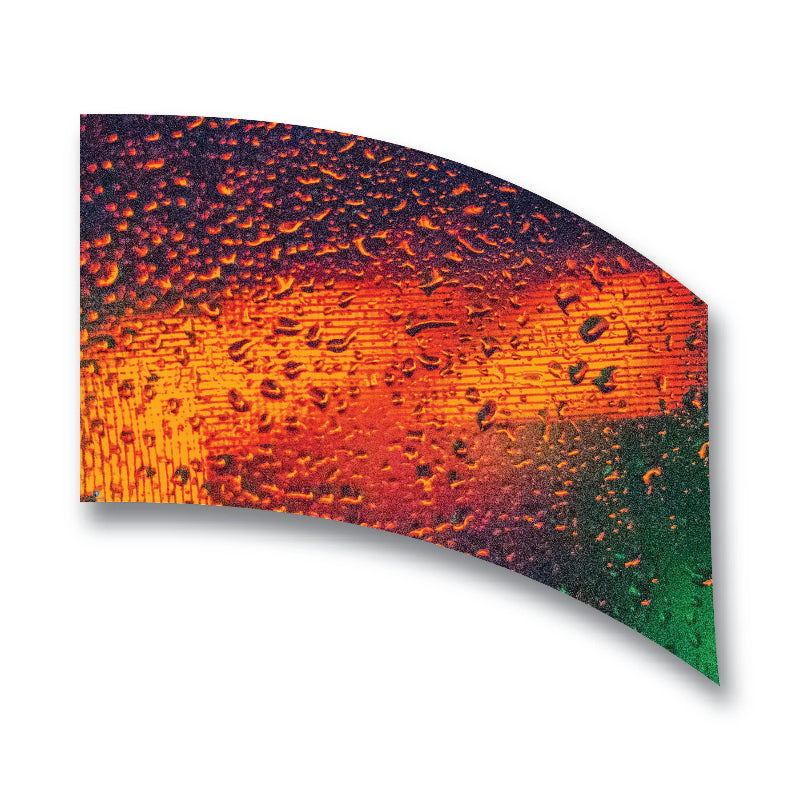 A flag with a vibrant multicolored digital print, featuring hues of orange, red, and green, designed for use with 6ft poles.