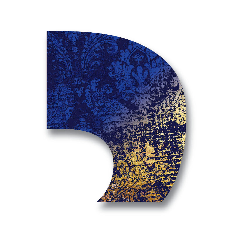 A decorative flag featuring a geometric pattern with blue and gold colors.