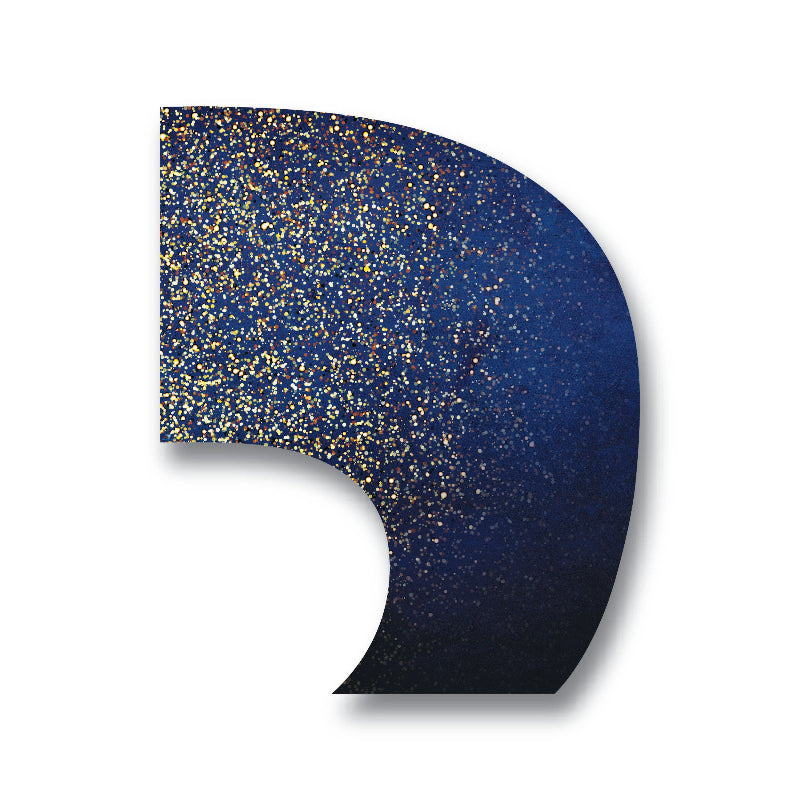 A curved flag with a gradient of blue to black color and a pattern of gold dots scattered across the surface.