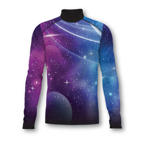Flow Flex Top F014 custom performance marching band top featuring a galaxy-inspired purple and blue space print with long sleeves and high mock neck design