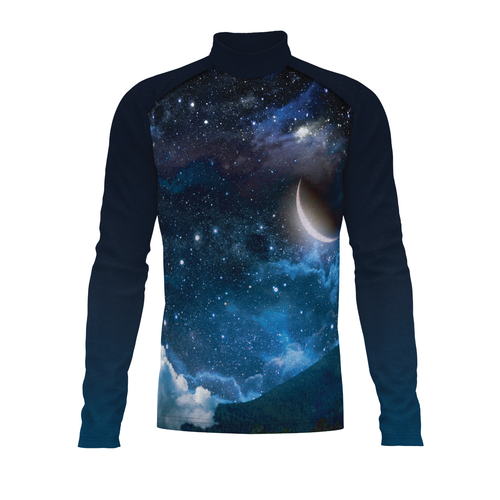 Flow Flex Top F015 performance marching band top featuring a deep blue galaxy and night sky print with crescent moon design, long sleeves, and mock neck for modern uniform styling