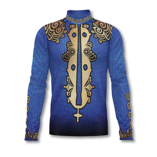 Flow Flex Top F002 blue performance uniform top with gold ornamental detailing, long sleeve athletic marching band top