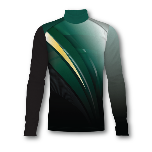 Flow Flex Top F004 performance uniform top with long sleeves, mock neck design, and dynamic green, black, and gold diagonal graphics on a fitted athletic silhouette