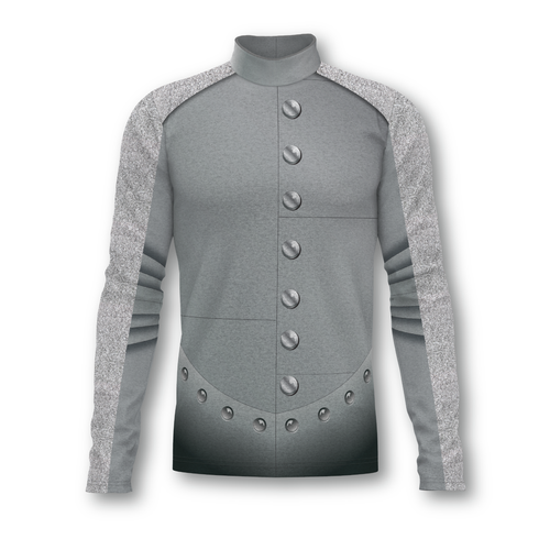Flow Flex Top F005 marching band performance top featuring a modern grey design with button-front detailing, high collar, and long sleeves for precision fit and stage performance