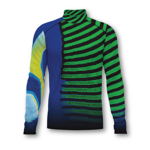 Flow Flex Top F006 long-sleeve performance uniform top with abstract green and blue striped design, stretch fabric for marching band and drum corps use