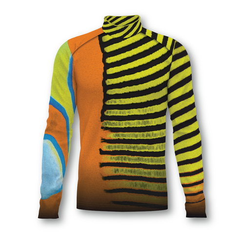 Flow Flex Top F007 performance uniform top featuring high-neck design with bold abstract stripes in yellow, black, orange, and blue, optimized for marching band and performance wear