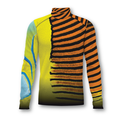 Flow Flex Top F008 marching band performance top featuring high-neck design with bold yellow, orange, black, and blue abstract stripe pattern, lightweight stretch fabric for precision fit
