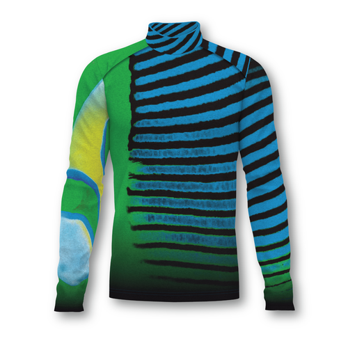 Flow Flex Top F009 performance uniform top featuring a high-neck design with bold green, blue, and black striped pattern, long sleeves, and a streamlined athletic fit on a white background