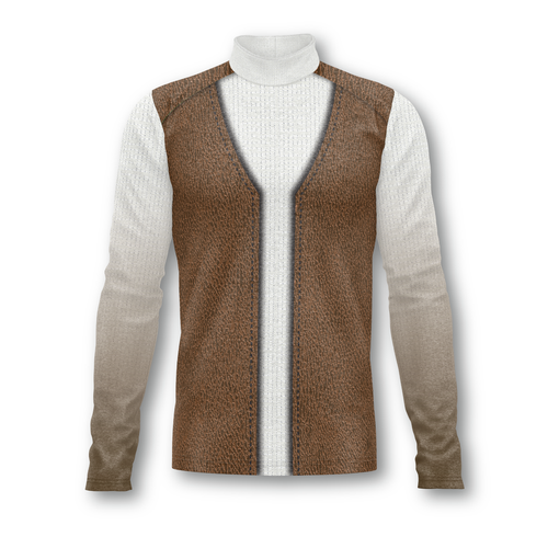 Flow Flex Top F011 performance uniform top featuring a brown sleeveless vest-style overlay with a white long-sleeve mock neck base layer, shown on a clean white background